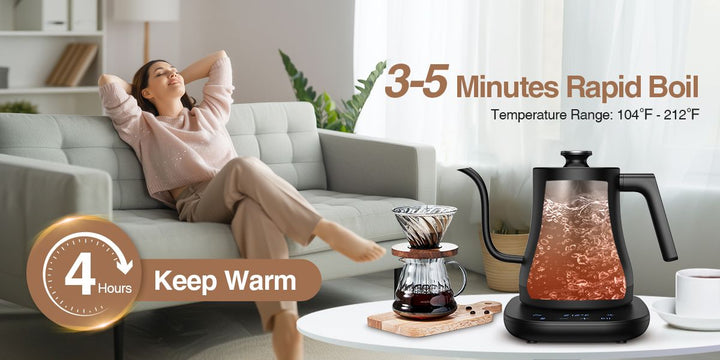 Electric Gooseneck Kettle Temperature Control Pour-Over Tea Kettle for Coffee Brewing; Stainless Steel Inner; 1300W Rapid Heating; Temp Holding Matte Black