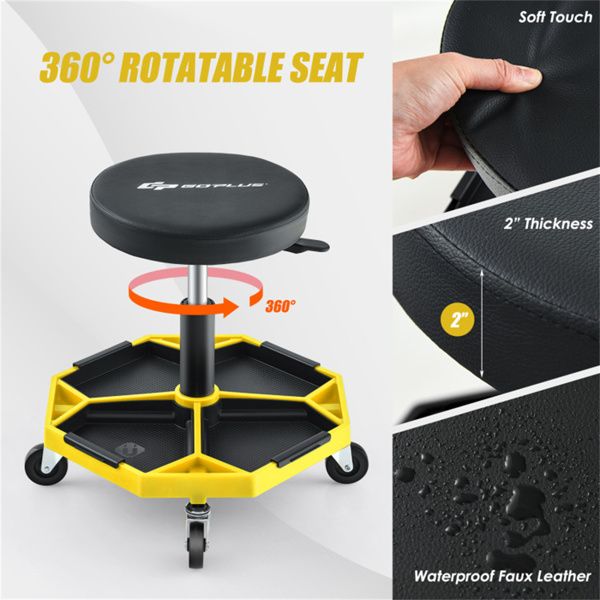 Yellow Heavy-Duty Adjustable Height Rolling Stool With Tool Tray Storage 330 LBS Capacity