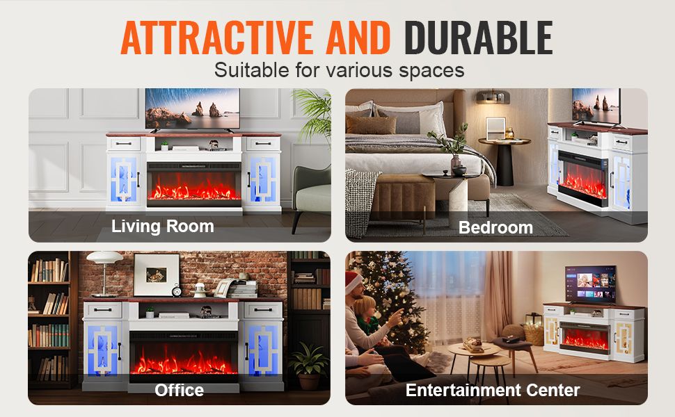 VEVOR 80 in Fireplace TV Stand 20 LED Lights Remote Control & Timer Brown+White