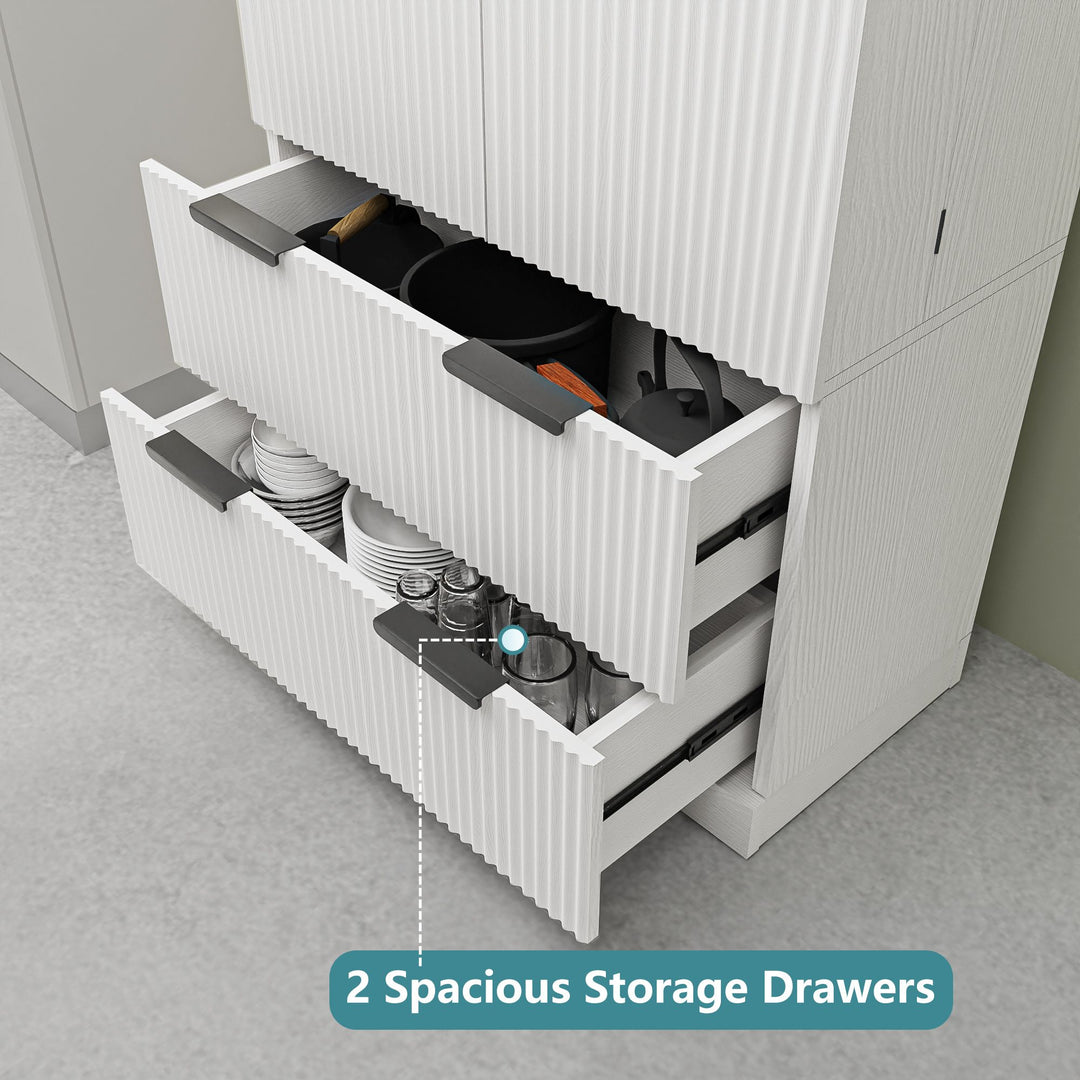 72" Modern Fluted Kitchen Pantry Cabinet with 2 Large Drawers & 8-Door Spice Rack, Freestanding Storage Organizer for Bathroom, Dining Room, Office, Entryway, White