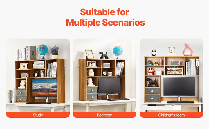 VEVOR Desktop Bookshelf, 3-Tier Wood Desktop Storage Organizer, 37" x 10" x 31.1" Office Storage Rack Wood Display Shelf, Desktop Bookshelf Hutch with Two Fabric Drawers, for Office, Home & Dorm