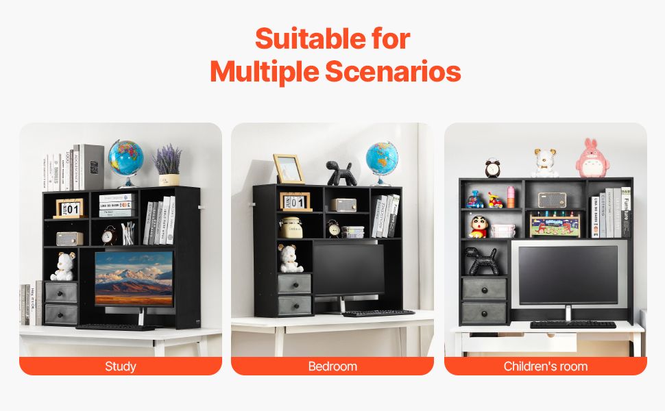 VEVOR Desktop Bookshelf, 3-Tier Desktop Storage Organizer, 37" x 10" x 31.1" Office Storage Rack Wood Display Shelf, Desktop Bookshelf Hutch with Two Fabric Drawers, for Office, Home & Dorm, Black