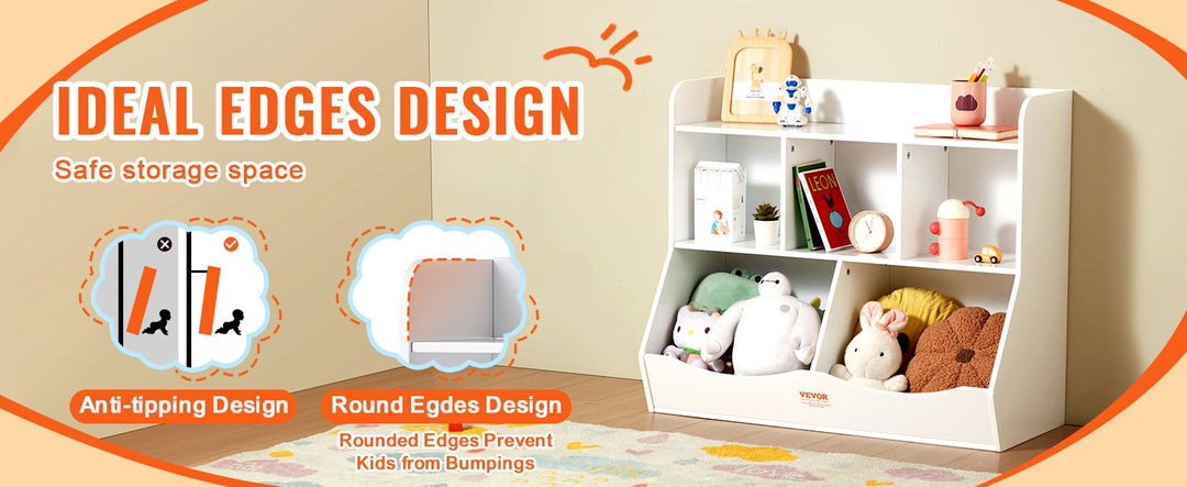 VEVOR Wood Kid Storage Cubby, Toy Storage Organizer with Bookshelf, 5-Cubby Wood Toy Storage Cabinet, Children Book Toy Shelf for Kids Room, Playroom, Kindergarten, Nursery, White