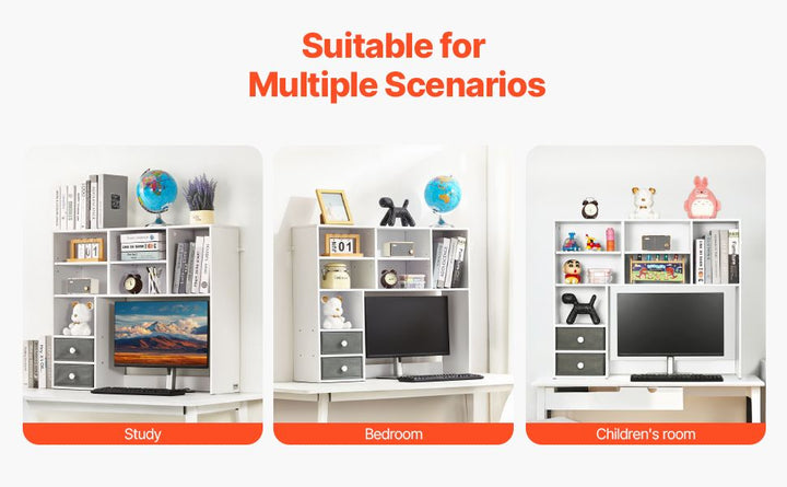 Desktop Bookshelf, 3-Tier Desktop Storage Organizer, 37" x 10" x 31.1" Office Storage Rack Wood Display Shelf, Desktop Bookshelf Hutch with Two Fabric Drawers, for Office, Home & Dorm, White