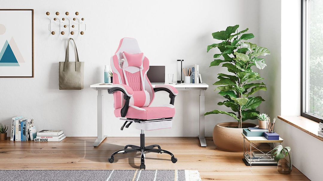 Gaming Chair with Footrest, High Back Gaming Chairs PVC Leather Ergonomic Gamer Chair with Adjustable Headrest Lumbar Support Racing Style Video Gaming Chair for Office/Home (Pink)