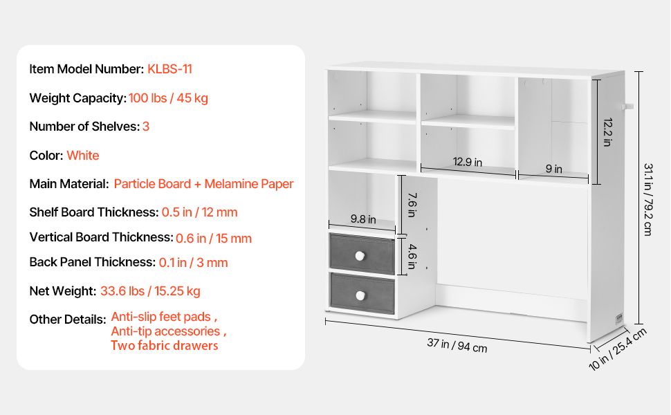 Desktop Bookshelf, 3-Tier Desktop Storage Organizer, 37" x 10" x 31.1" Office Storage Rack Wood Display Shelf, Desktop Bookshelf Hutch with Two Fabric Drawers, for Office, Home & Dorm, White
