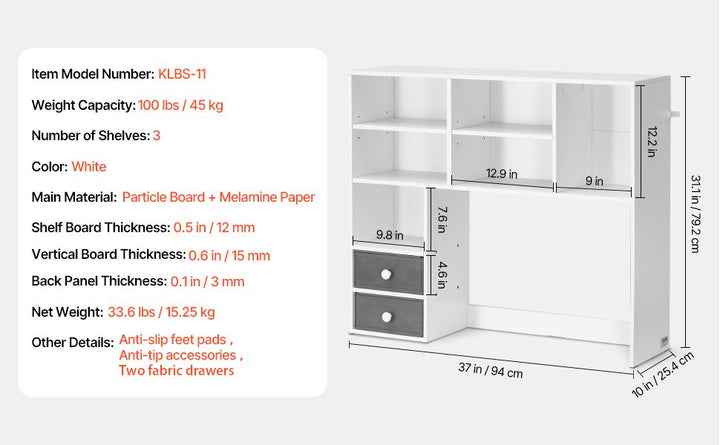 Desktop Bookshelf, 3-Tier Desktop Storage Organizer, 37" x 10" x 31.1" Office Storage Rack Wood Display Shelf, Desktop Bookshelf Hutch with Two Fabric Drawers, for Office, Home & Dorm, White