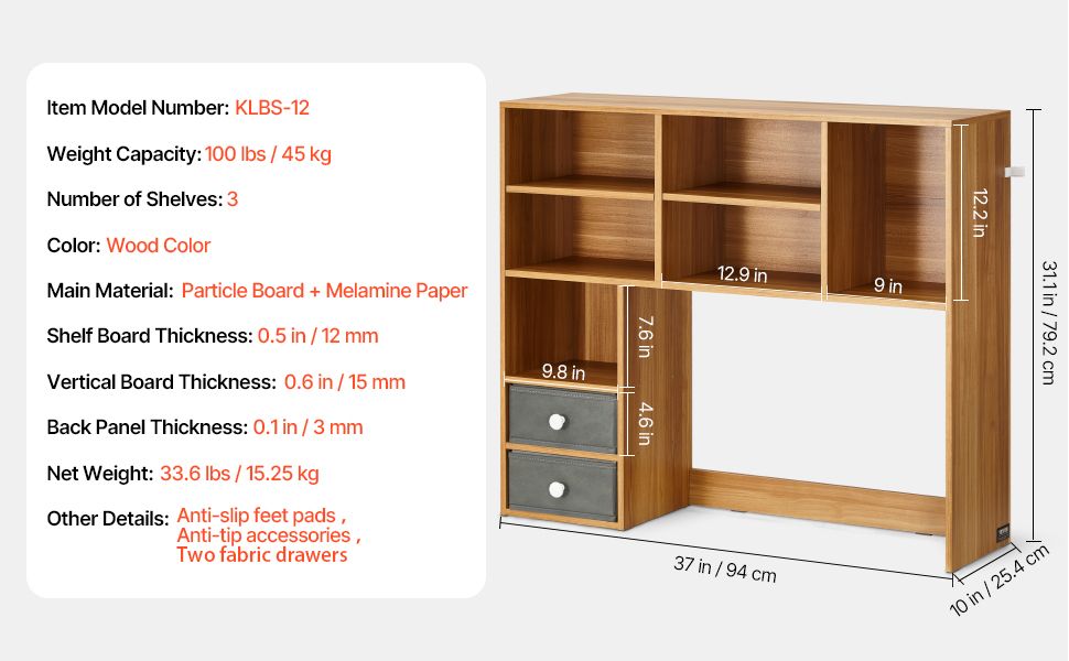 VEVOR Desktop Bookshelf, 3-Tier Wood Desktop Storage Organizer, 37" x 10" x 31.1" Office Storage Rack Wood Display Shelf, Desktop Bookshelf Hutch with Two Fabric Drawers, for Office, Home & Dorm