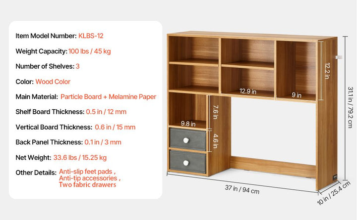 VEVOR Desktop Bookshelf, 3-Tier Wood Desktop Storage Organizer, 37" x 10" x 31.1" Office Storage Rack Wood Display Shelf, Desktop Bookshelf Hutch with Two Fabric Drawers, for Office, Home & Dorm