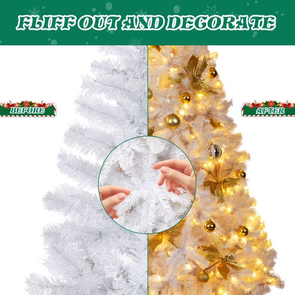7.5 FT Artificial Christmas Tree with DIY 400 Warm White LED Lights, Hinged Xmas Pine Tree with Tree Skirt and Holiday Ornaments for Holiday Party Office Home, White Tree & Golden Decor