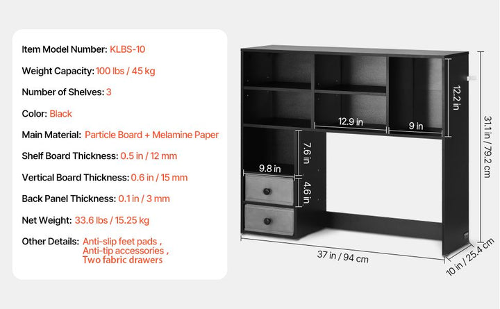 VEVOR Desktop Bookshelf, 3-Tier Desktop Storage Organizer, 37" x 10" x 31.1" Office Storage Rack Wood Display Shelf, Desktop Bookshelf Hutch with Two Fabric Drawers, for Office, Home & Dorm, Black