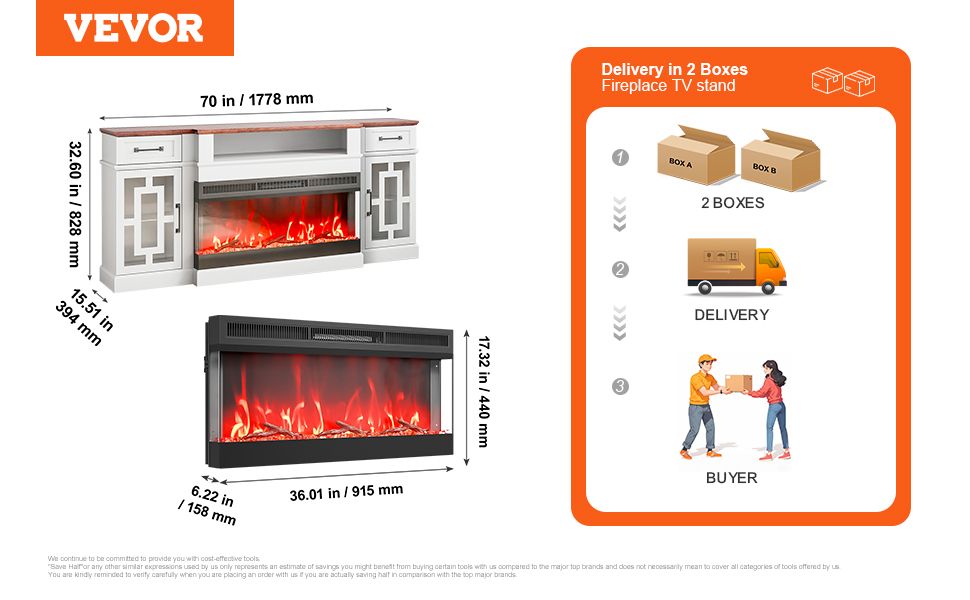 VEVOR 80 in Fireplace TV Stand 20 LED Lights Remote Control & Timer Brown+White