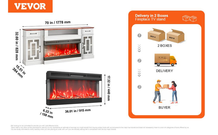 VEVOR 80 in Fireplace TV Stand 20 LED Lights Remote Control & Timer Brown+White