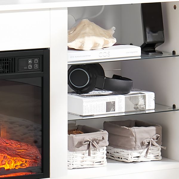 TV Stand Electric Fireplace Glass Shelves, 3D Fireplace TV Stand with LED Lights Wood with USB Charging Outlet Modern Television Table Center for TV up to 62" White, 58''W*15.5''D*24.4