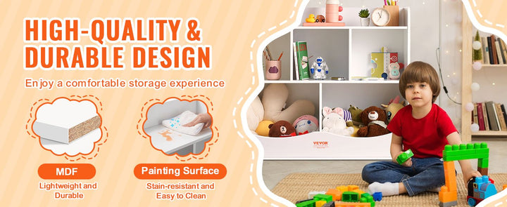 VEVOR Wood Kid Storage Cubby, Toy Storage Organizer with Bookshelf, 5-Cubby Wood Toy Storage Cabinet, Children Book Toy Shelf for Kids Room, Playroom, Kindergarten, Nursery, White