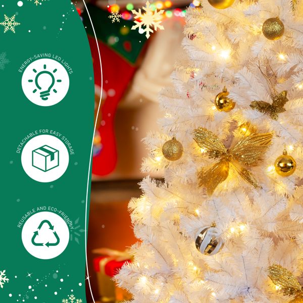 7.5 FT Artificial Christmas Tree with DIY 400 Warm White LED Lights, Hinged Xmas Pine Tree with Tree Skirt and Holiday Ornaments for Holiday Party Office Home, White Tree & Golden Decor