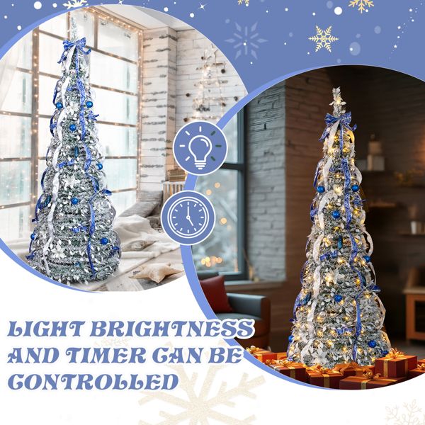 7 FT Snow Flocked Pre-lit Artificial Pop Up Christmas Tree with 200 Warm Lights and Blue & Silver Ornaments for Home Office Store Holiday Deco