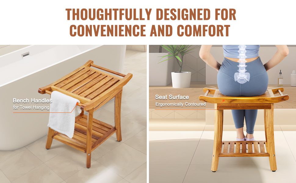 VEVOR Teak Shower Bench 22 x 14.4 x 18.5 in Wood Shower Stool Chair for Bathroom