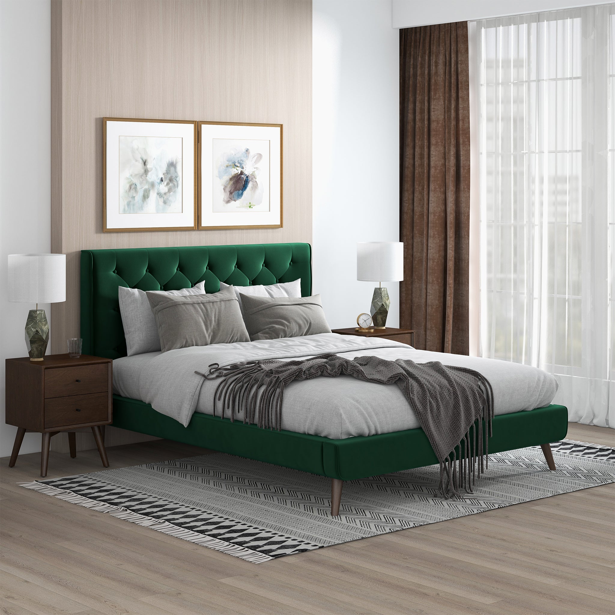 Dillon Dark Green Velvet Platform Bed (Queen Size)