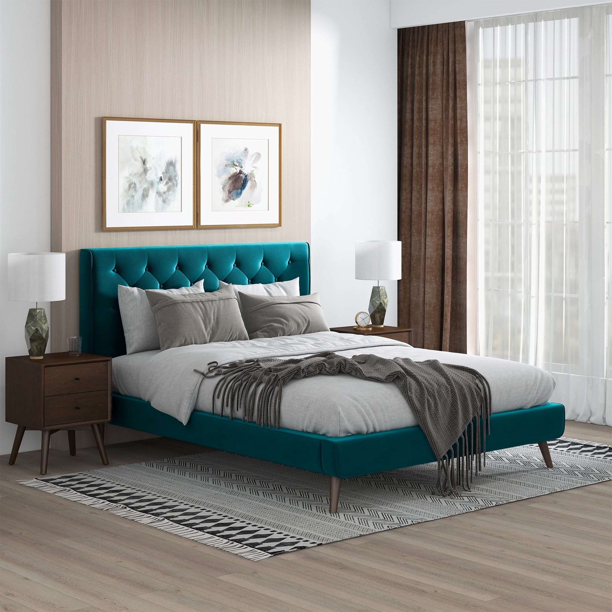 Dillon Teal Velvet Platform Bed(Queen Size)