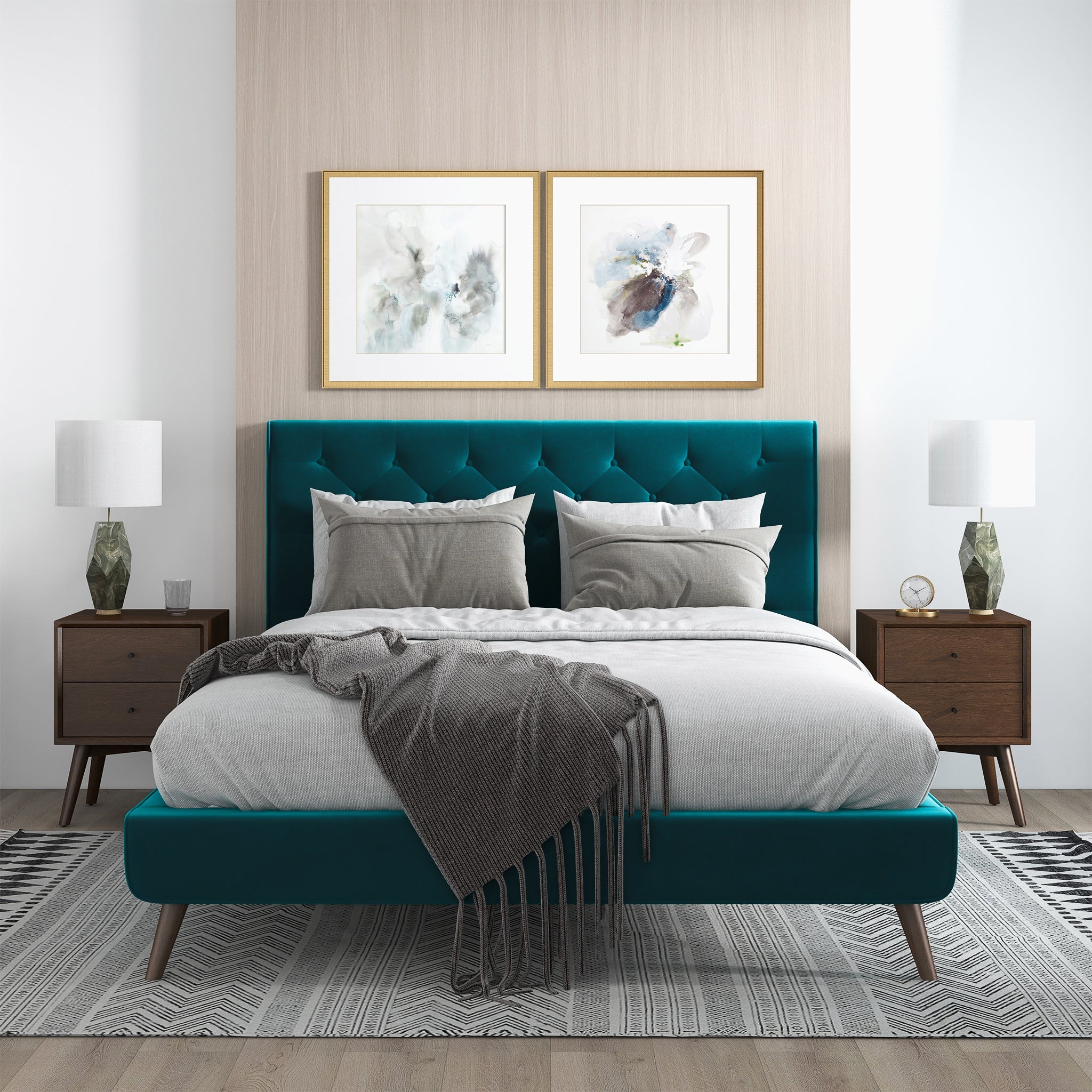 Dillon Teal Velvet Platform Bed(Queen Size)