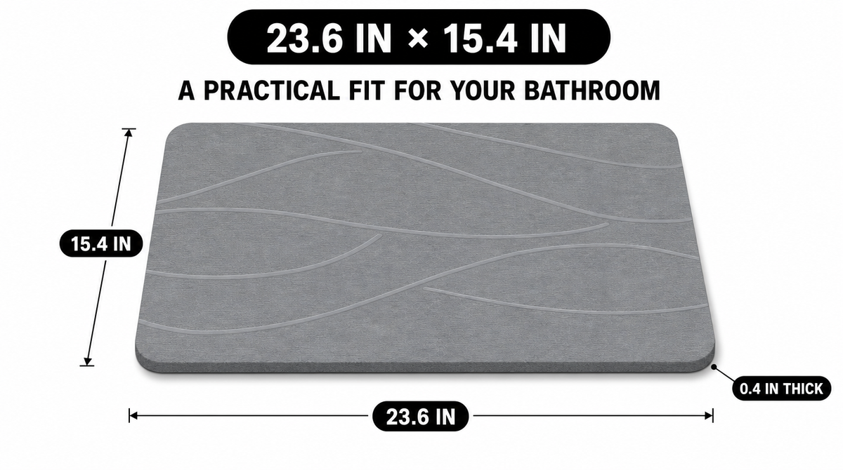 Gray line-pattern stone bath mat measuring 23.6 inches long, 15.4 inches wide, and 0.4 inches thick.