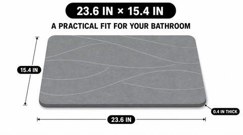 Gray line-pattern stone bath mat measuring 23.6 inches long, 15.4 inches wide, and 0.4 inches thick.