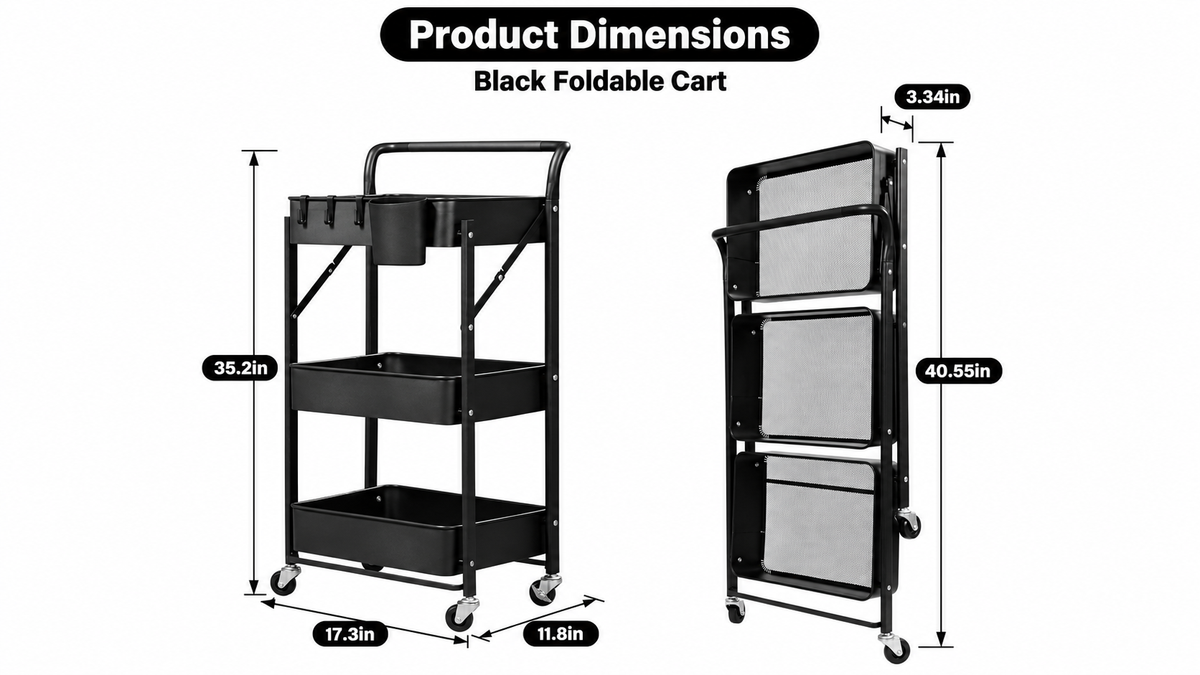 “Black foldable cart, open: 17.3 inches wide × 11.8 deep × 35.2 high; folded: 3.34 inches thick × 40.55 high.”