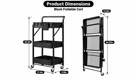 “Black foldable cart, open: 17.3 inches wide × 11.8 deep × 35.2 high; folded: 3.34 inches thick × 40.55 high.”