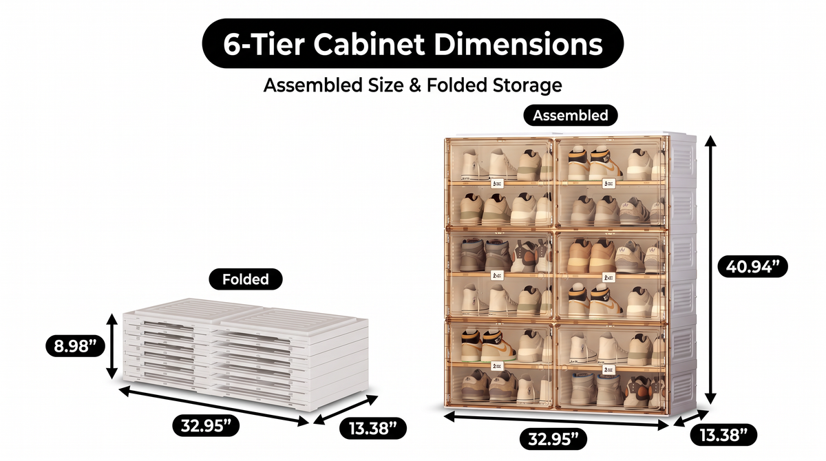 Six-tier cabinet: 32.95 inches wide and 13.38 inches deep; 40.94 inches high assembled and 8.98 inches high folded.