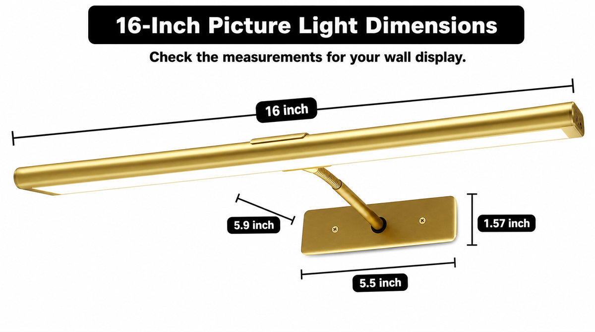“Gold picture light dimensions: 16-inch bar, 5.9-inch arm, and wall plate measuring 5.5 inches wide by 1.57 inches high.”

