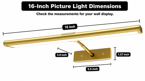 “Gold picture light dimensions: 16-inch bar, 5.9-inch arm, and wall plate measuring 5.5 inches wide by 1.57 inches high.”
