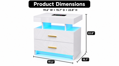 “White two-drawer LED nightstand measuring 19.6 inches wide, 15.7 inches deep, and 22.8 inches high.”