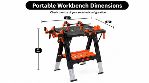 “Black-and-orange adjustable workbench shown with a 31-by-25-inch tabletop and a maximum height of 35 inches.”