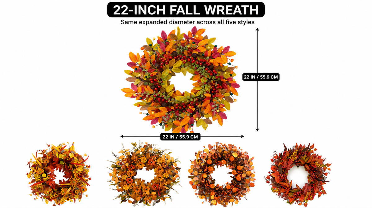 Five artificial fall wreath styles with leaves, flowers, berries, or pumpkins, each labeled 22 inches across when expanded.