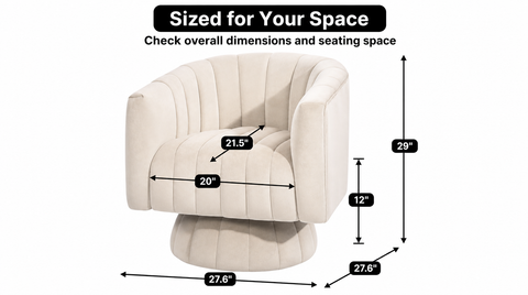 “Beige chair diagram labels overall size as 27.6 inches wide and deep by 29 inches high, seat width as 20 inches, seat depth as 21.5 inches, and a lower vertical measurement as 12 inches.”
