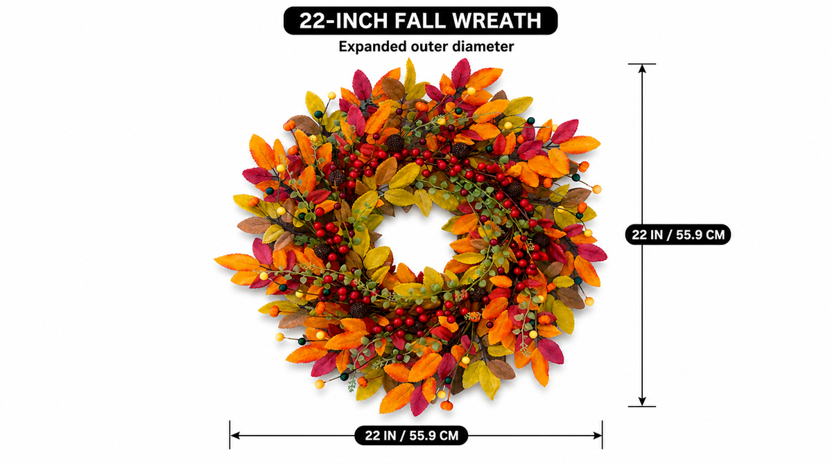 “Leaf and berry fall wreath with arrows showing an expanded outer diameter of 22 inches, or 55.9 cm.”