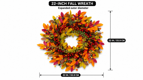 “Leaf and berry fall wreath with arrows showing an expanded outer diameter of 22 inches, or 55.9 cm.”