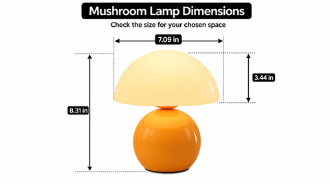 “Orange mushroom lamp measuring 8.31 inches tall, with a shade 7.09 inches wide and 3.44 inches high.”
