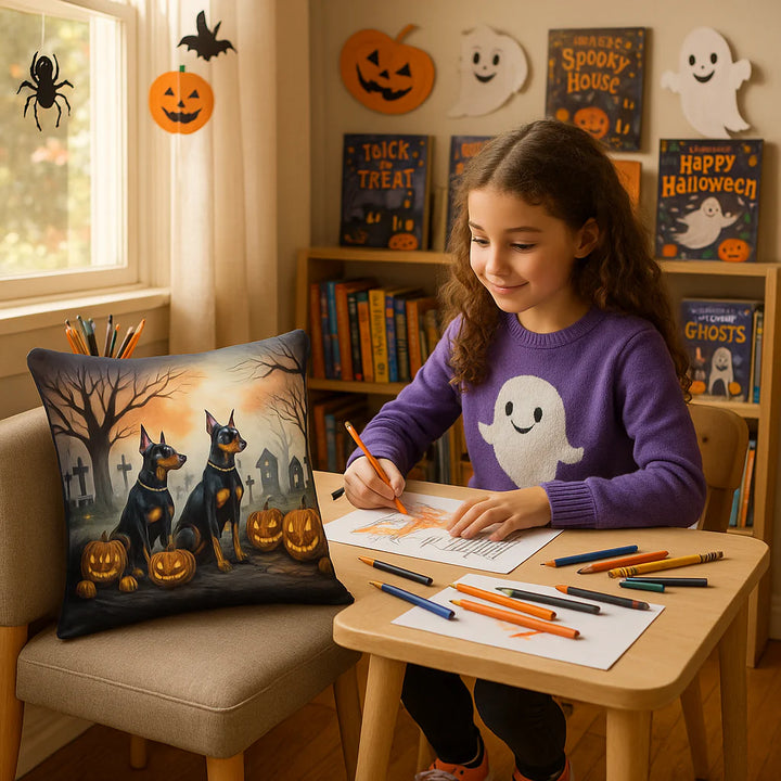 Premium Doberman Pinscher Spooky Halloween Throw Pillow - Machine Washable Indoor Outdoor Decorative Pillow for Couch, Bed or Patio (14"H x 14"W)