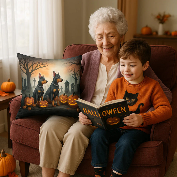 Premium Doberman Pinscher Spooky Halloween Throw Pillow - Machine Washable Indoor Outdoor Decorative Pillow for Couch, Bed or Patio (14"H x 14"W)