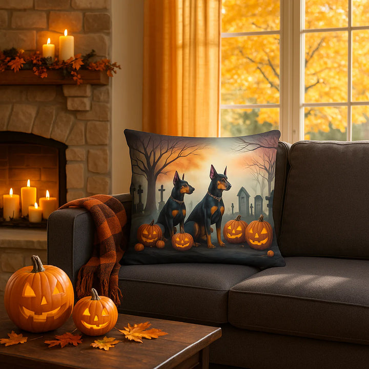 Premium Doberman Pinscher Spooky Halloween Throw Pillow - Machine Washable Indoor Outdoor Decorative Pillow for Couch, Bed or Patio (14"H x 14"W)
