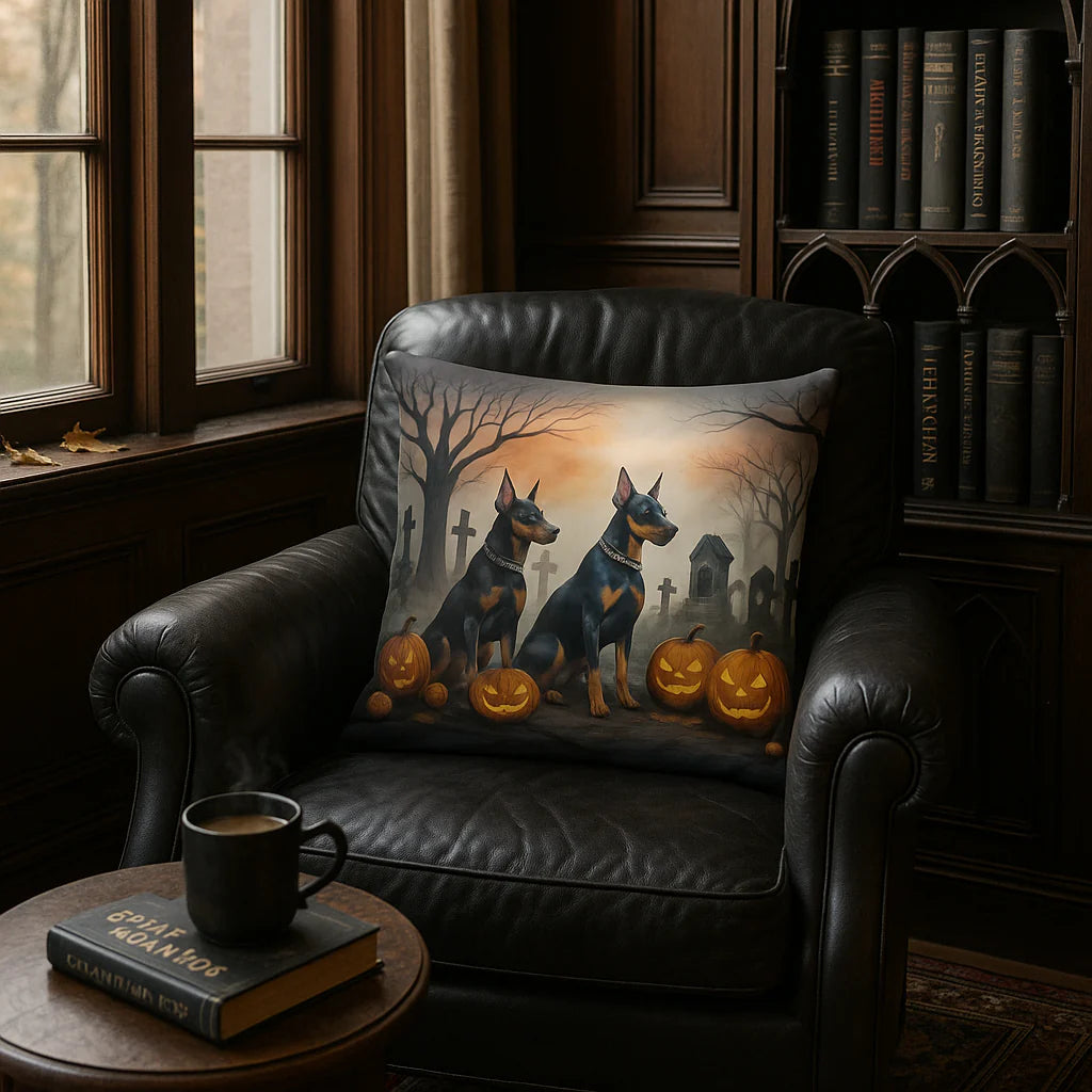 Premium Doberman Pinscher Spooky Halloween Throw Pillow - Machine Washable Indoor Outdoor Decorative Pillow for Couch, Bed or Patio (14"H x 14"W)