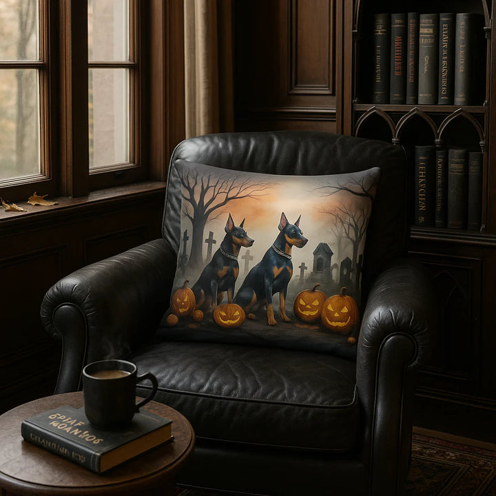 Premium Doberman Pinscher Spooky Halloween Throw Pillow - Machine Washable Indoor Outdoor Decorative Pillow for Couch, Bed or Patio (14"H x 14"W)