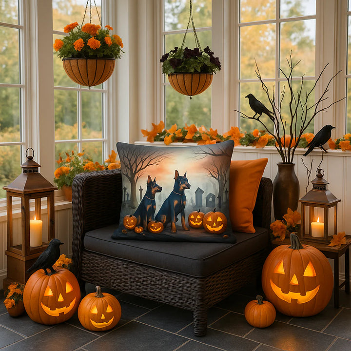 Premium Doberman Pinscher Spooky Halloween Throw Pillow - Machine Washable Indoor Outdoor Decorative Pillow for Couch, Bed or Patio (14"H x 14"W)