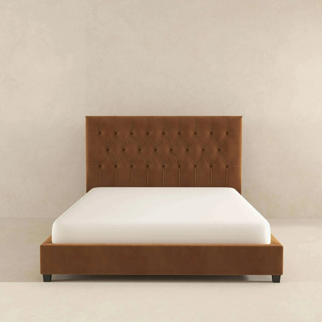 Donald Mid Century Modern Cognac Velvet Platform Bed Queen