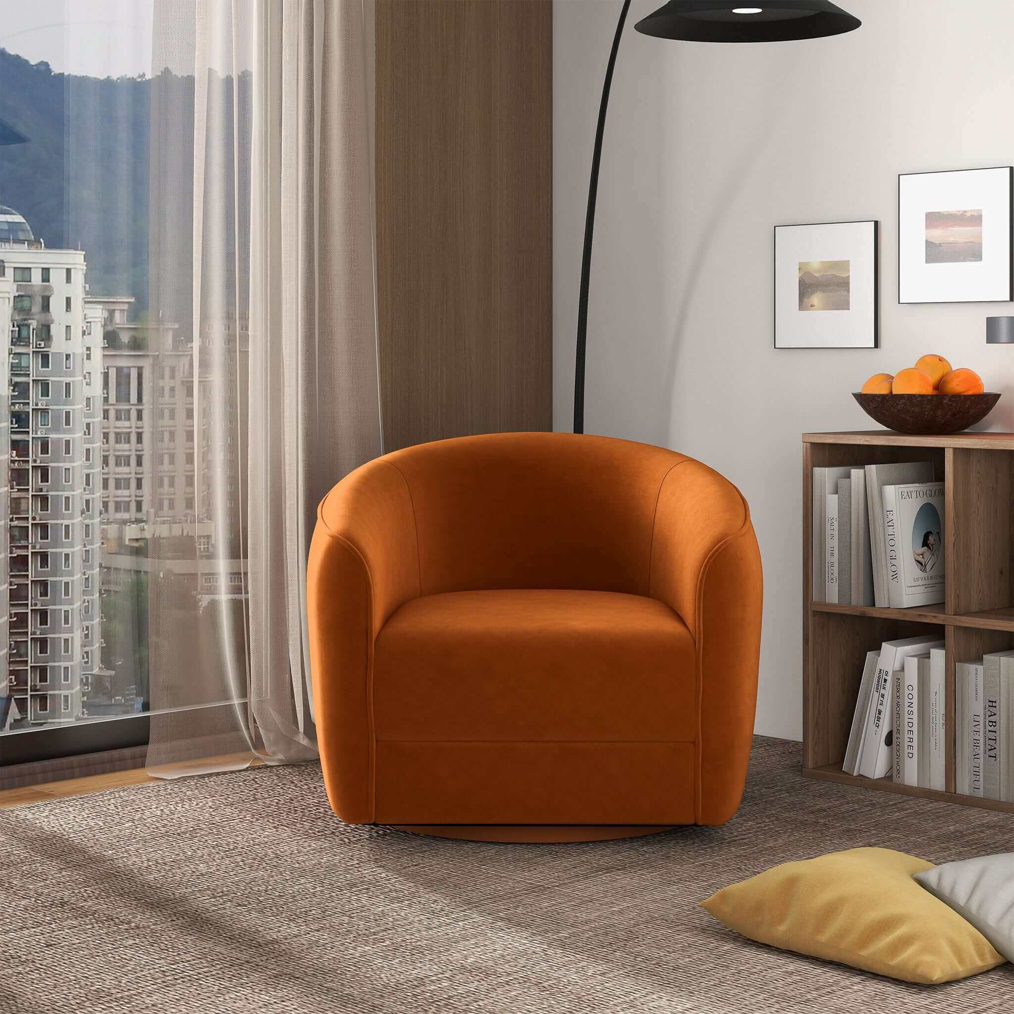 Elise Mid Century Modern Burnt Orange Velvet Swivel Chair