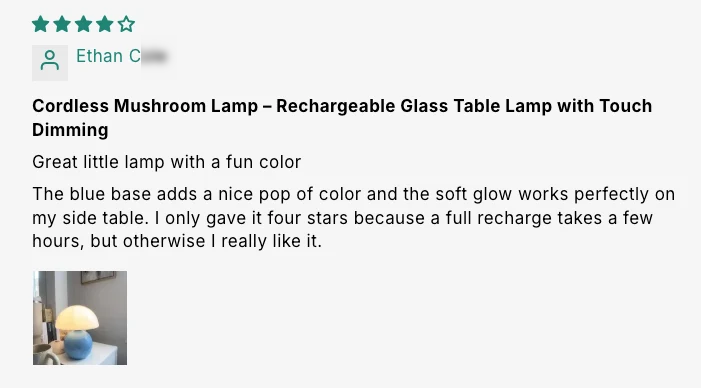 Cordless Mushroom Lamp – Rechargeable Glass Table Lamp with Touch Dimming customer review screenshot 5