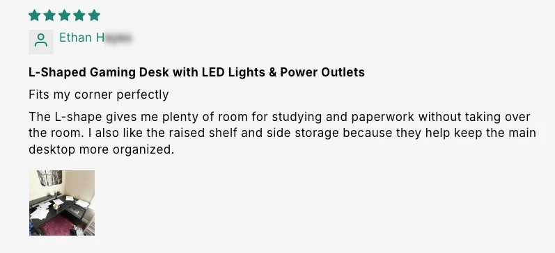L-Shaped Gaming Desk with LED Lights & Power Outlets customer review screenshot 1
