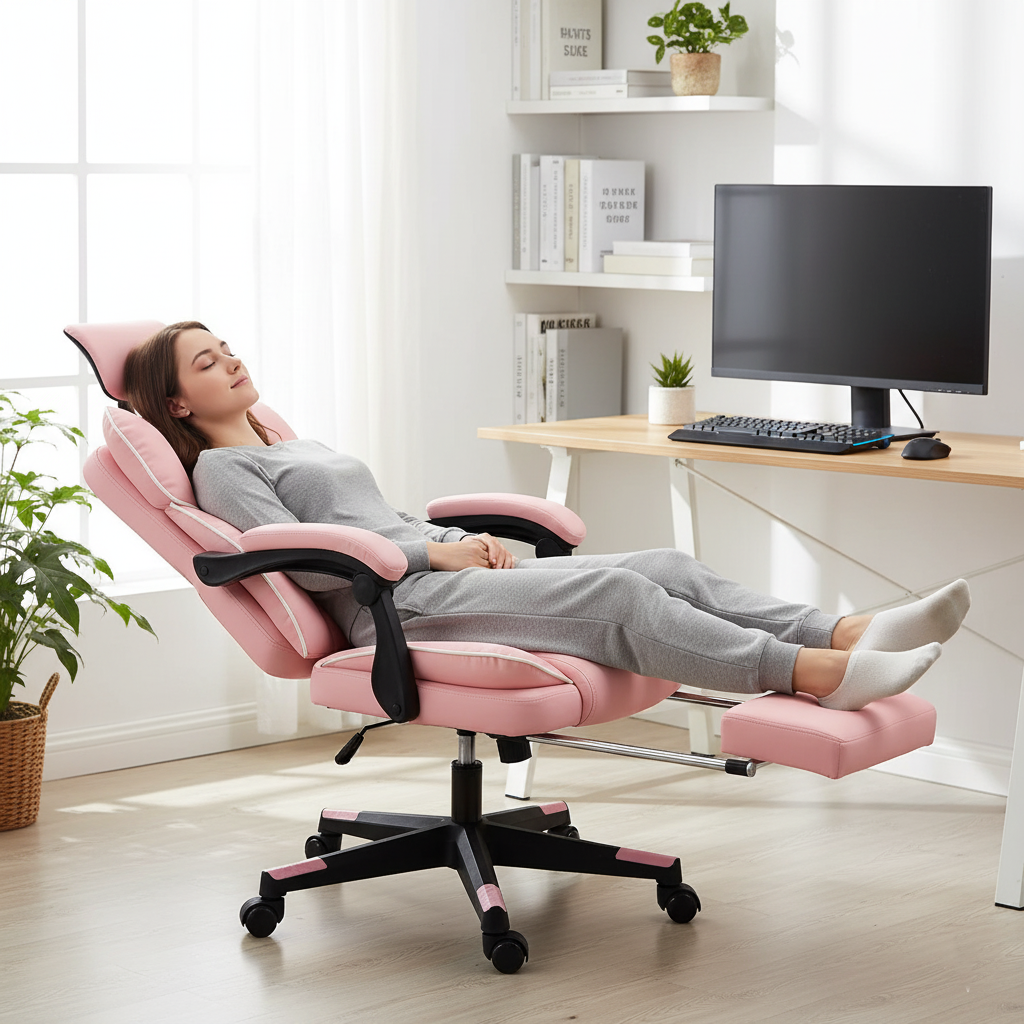 HOMCOM PU Leather Office Chair, Executive Desk Chair with Headrest, Foot Rest, Swivel Wheels, Reclining Computer Chair, Pink